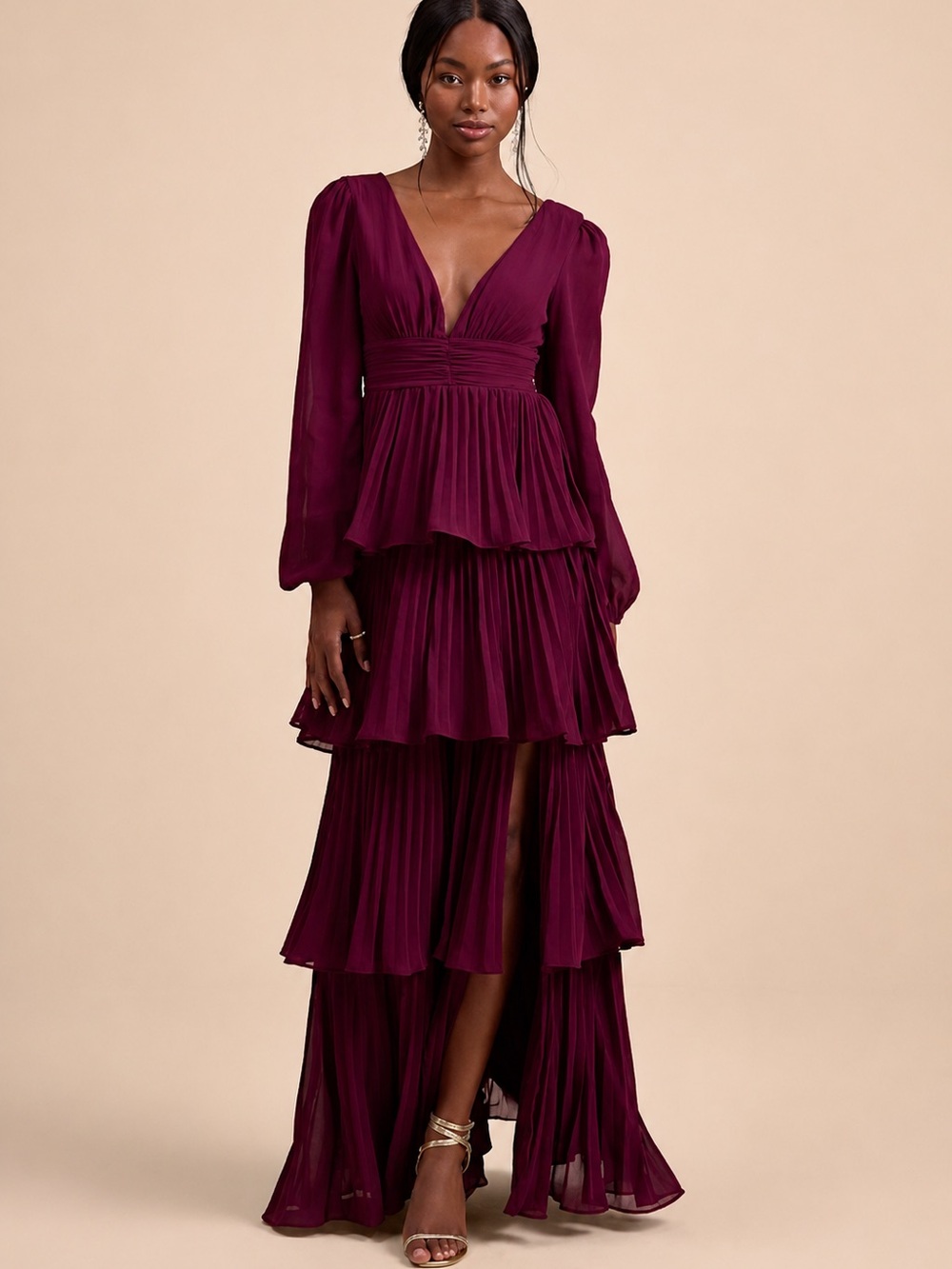 Lulu's Deep Plum Plunge V-Neck Tiered High-Low Maxi Dress